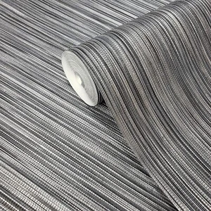 Wallpaper charcoal gray black silver metallic Textured faux grasscloth bamboo 3D - Picture 1 of 9