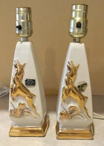 2 Vintage Deer Matching Lamps Howell China 22 Kt Gold, Art Deco