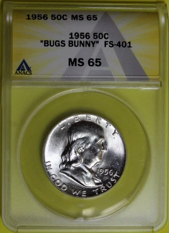 1956-P FBL 50C Franklin Half Dollar Gem BU ANACS MS65 Bugs Bunny FS401 Rare R6 Cover