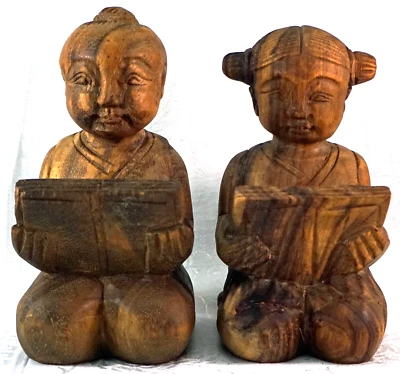 Sculpted Wood Statues Chinese Boy & Girl Sitting Seiza Style Reading Book - Image 1 of 4