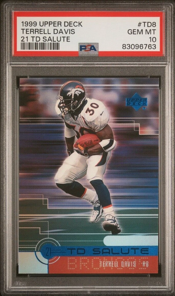 21 TD 1999 cubierta superior saludo #td8 Terrell Davis Hof Low Pop PSA 10 gemas como nuevo Foto 1 de 2