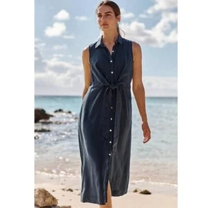 J.JILL 100% $129 Linen Tie-Front Midi Shirtdress in Navy Size XLP - Picture 1 of 8