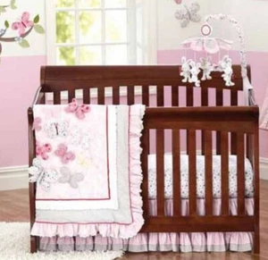 New 3 Pieces Baby Girls Pink Butterfly Cotton Nursery Cot Crib bedding Sets - Picture 1 of 9