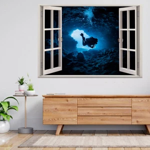 Scuba Diving Diver Under Sea Cave 3d Window View Wall Sticker Poster Decal A428 - Picture 1 of 2