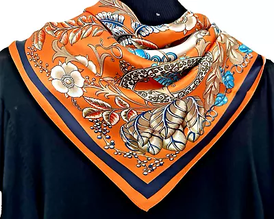 Bufanda 35"x35" Naranja Estampado Flores Pura Morera Satén Seda 14momme 88x88cm5-100 Foto 1 de 4
