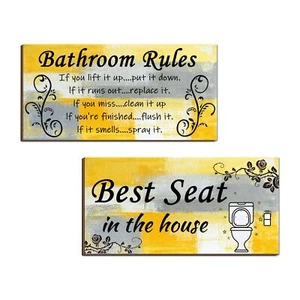 2 Pieces Yellow Bathroom Wall Decor Abstract Wooden Hanging Bathroom Rules Wa... - Picture 1 of 6