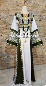 Maxi Vestido Lujo Elegante Nuevo Verde Bordado Thobe Mangas Largas Beige Talla 2 - Imagen 1 de 5