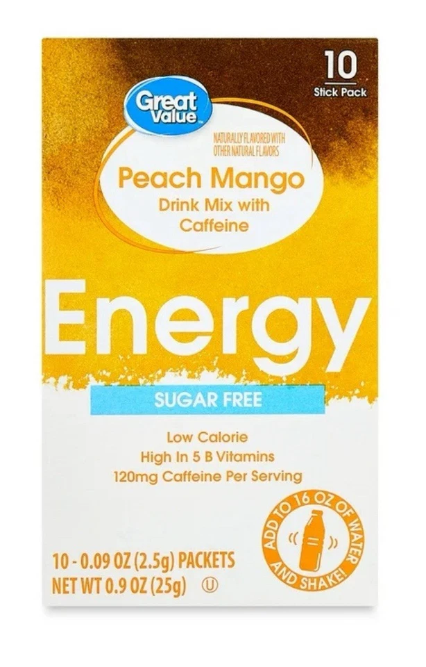 Mezcla de bebidas energéticas de mango melocotón de gran valor, 0,09 oz, 10 unidades x 6 cajas (en stock) Foto 1 de 1