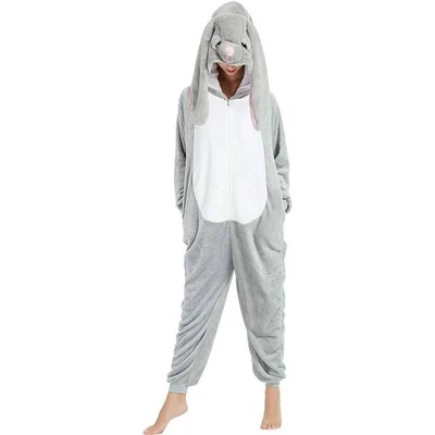 ANBOTA Gray Bunny Rabbit Kigurumi Pajamas Costume Hooded Jumpsuit Adult Size M - Image 1 of 4
