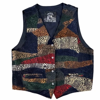 VTG Genuine Leather Patchwork Button Up Vest Artsy Rodeo Hippy Western Men’s 3XL - Image 1 of 4