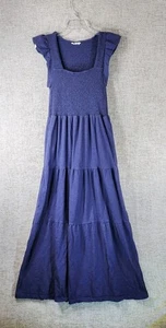 Lucky Brand Tiered Maxi Dress Womens L Blue Smocked Ruffle Sleeve Cottage - Picture 1 of 12