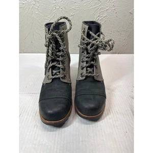 Sorel Women's PDX Boot Wedge Lace Up Bootie Black Leather Tan Canvas Size 8 - Picture 1 of 6
