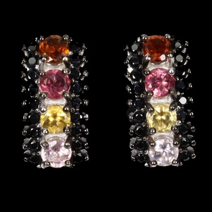 925 Sterling Silver Earrings Round Tourmaline Spinel Natural Gemstone Jewelry - Picture 1 of 13