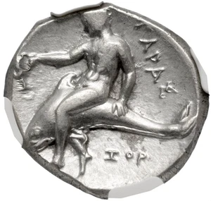 *NGC Ch AU* Calabria, Tarentum 280 BC Silver Nomos Dolphin Coin, War w/ Pyrrhus - Picture 1 of 6