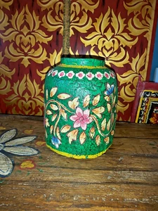 INDIAN HAND PAINTED VINTAGE WOODEN POT - Picture 1 of 15