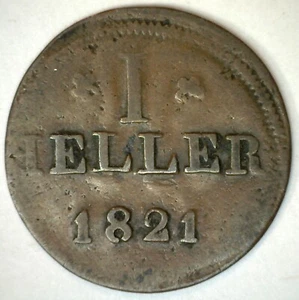 1821 German States FRANKFURT AM MAIN 1 Heller Copper World Coin Circulated - Picture 1 of 2