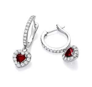 925 Sterling Silver Ruby CZ HEART Charm Drop Dangle Huggie Hoop Earrings RHODIUM - Picture 1 of 7