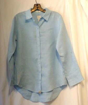 Camisa Chico's Mujer Talla 0 Bebé Azul Lino Abotonada Mangas Largas Blusa Foto 1 de 4