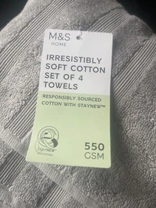 M&S Set Of 4 Pure Cotton Bath And Hand Towels Silver Grey - Picture 1 of 5