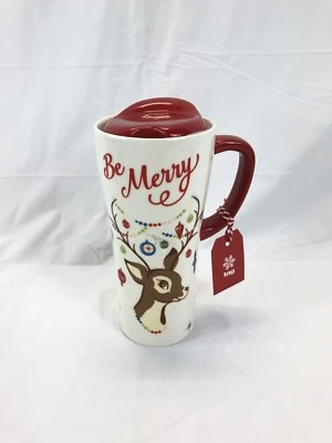 TAG Taza de té café de viaje Navidad reno Be Merry adorno mango tapa blanco Foto 1 de 4