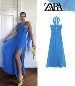 Zara blau langes Chiffon Abend Cocktailkleid MEDIUM UK 10 UVP £ 109 NEU mit Etikett - Bild 1 von 21