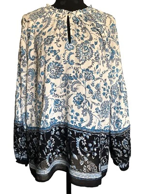 Blusa Loft Para Mujer Talla Mediana Azul Blanco Floral Estampado Paisley Manga Larga Boho Foto 1 de 4