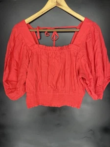 Band of the Free M Hot Coral Red Smocked Peasant Blouse Puff Sleeve Square Boho - Picture 1 of 10