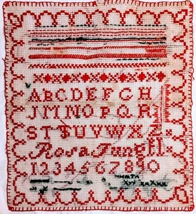 ANFANG 19. JAHRHUNDERT MOTIV & ALPHABET SAMPLER VON ROSA JUNGEL - Bild 1 von 7