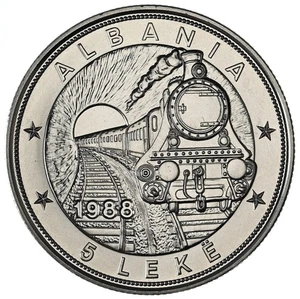 ALBANIA 5 Leke 1988 BU '42nd Anniversary of First Railroad - Trains' + Cover! - Picture 1 of 3