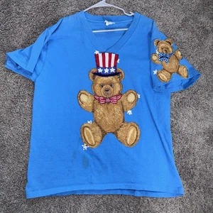 Vintage Sunbelt Single Stitch One Size USA Teddybär Applikation patriotisch V-Ausschnitt T-Shirt - Bild 1 von 10