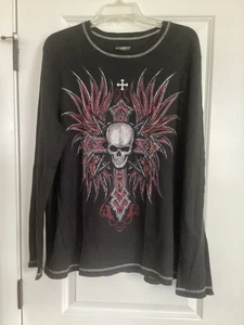 No Boundaries Y2K Shirt Mens 2XL Thermal Long Sleeve Black Skull Grunge Punk - Picture 1 of 7