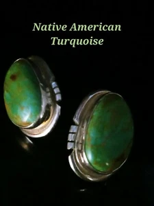 Native American Navajo Signed Turquoise Mountain Post Sterling Silver Earrings - Picture 1 of 9