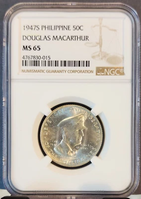 1947 PHILIPPINES SILVER 50 CENTAVOS DOUGLAS MACARTHUR NGC MS 65 BRIGHT GEM BU - Image 1 of 3