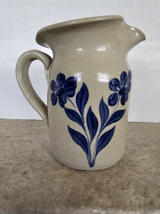 Salt Glaze Williamsburg Pottery Pitcher, Cobalt Blue Floral Design, Stamped - Picture 1 of 19