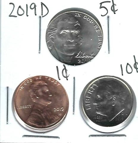 2019 Three Denver Brilliant Uncirculated  Cent, Nickel & Dime Coins! Cover
