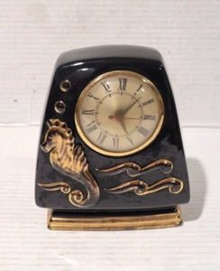 Mid Century Art Decor Porcelain Black & Glod Seahorse Motif Mantle Clock - Picture 1 of 7