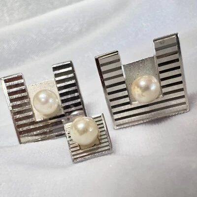 PLATA ESTERLINA ART DECO - GEMELOS PERLAS CULTIVADAS + TIE TACK Foto 1 de 4