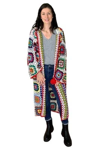 Maglione kimono Saachi Granny Square all'uncinetto lungo con cappuccio bianco multicolore - Foto 1 di 12