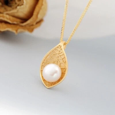 L06 Rimorchio Curvo Foglia Con Acqua Dolce Perla Placcato Argento Sterling 925 - Immagine 1 di 4