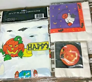 Vintage Halloween Plastic Tablecloth & Napkins Pumpkins Spiders Ghost New Sealed - Picture 1 of 6