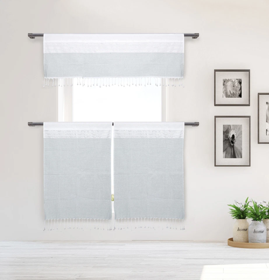 Juego de 3 cortinas de ventana de algodón blanco/gris a rayas: borlas, cenefa, 2 niveles 36L Foto 1 de 1