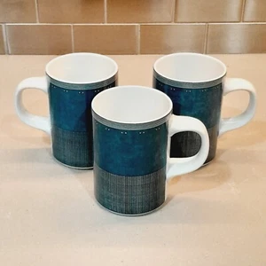 Dansk Gridwork Coffee Mug Teacup 4"H Blue Gray Green Portugal (Lot of 3) - Picture 1 of 11