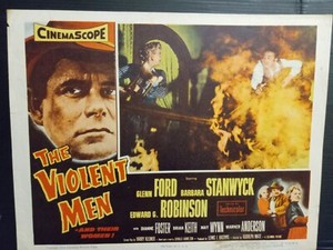 Lobby Card 1954 THE VIOLENT MEN Edward G Robinson Barbara Stanwyck fire
