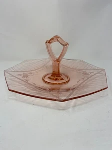 Vintage Pink Depression Glass Tidbit Tray Etched Glass with Handle Art Deco - Picture 1 of 17