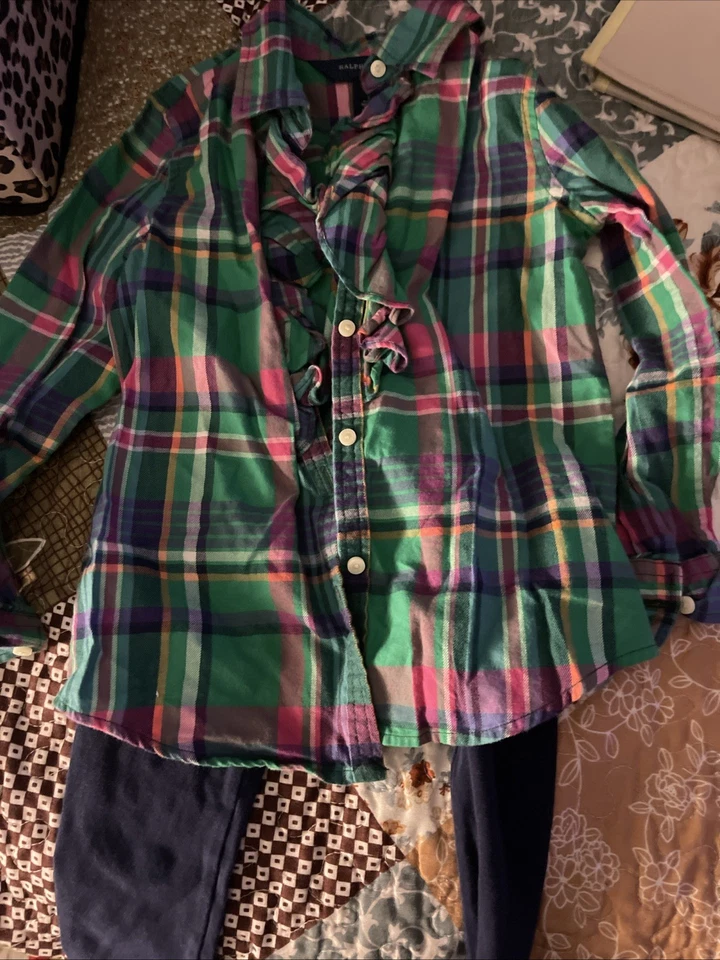 Ralph Lauren Girls Size 5 Plaid Button Up Shirt And Navy Blue Leggings Set - Image 1 of 4