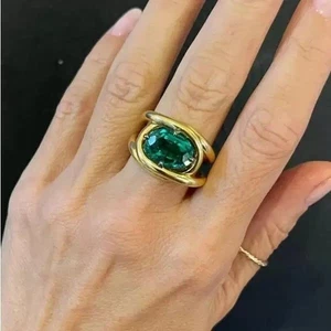 3Ct Oval Cut Lab Created Emerald Spit Shank Wedding Ring 14K Yellow Gold Plated - Picture 1 of 13
