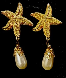 Vintage pierced  Gold Starfish And Drop Pearl style  Earrings 2/12 “ Long  #A5 - Picture 1 of 2