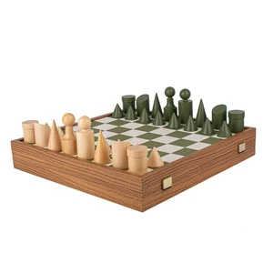 Wood Chess Set Bauhaus Style Chessmen Leatherette board 40cm Manopoulos SD50GRE - Picture 1 of 9