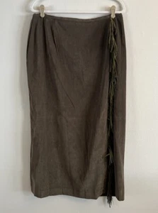 NWT Vintage Norton McNaughton Faux Suede Fringe Skirt 16 Olive Green Back Zip - Picture 1 of 8