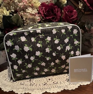Michael Kors Large Zip Travel Pouch; Brown Multi Signature W/Pink Floral; New WT - Picture 1 of 14